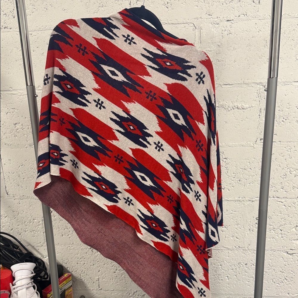 Minnie Rose Red and Blue Knit Poncho - Outwear Cover Up